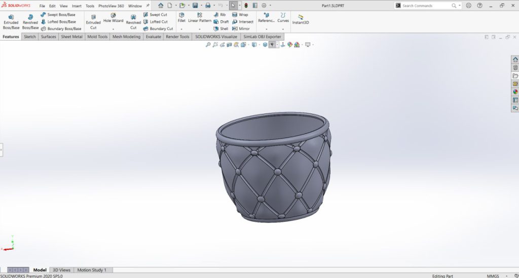 نمونه کار طراحی گلدان در سالیدورک برای تولید انبوه با پرینت سه بعدی